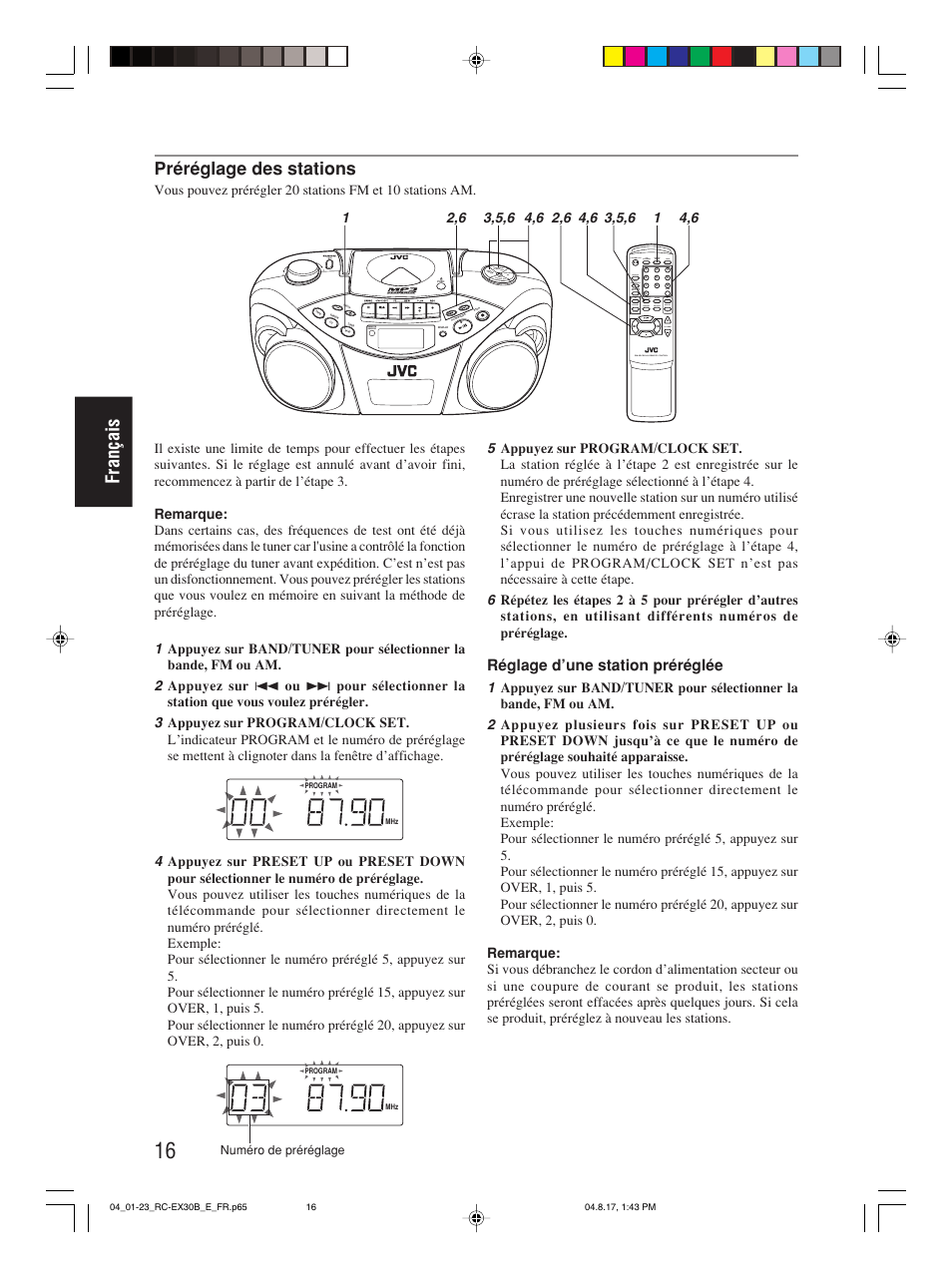 Français, Préréglage des stations, Réglage d’une station préréglée | Program/ clock set hbs/ preset eq, Over cd/ random tuner/ band group | JVC RC-EX30B User Manual | Page 67 / 144