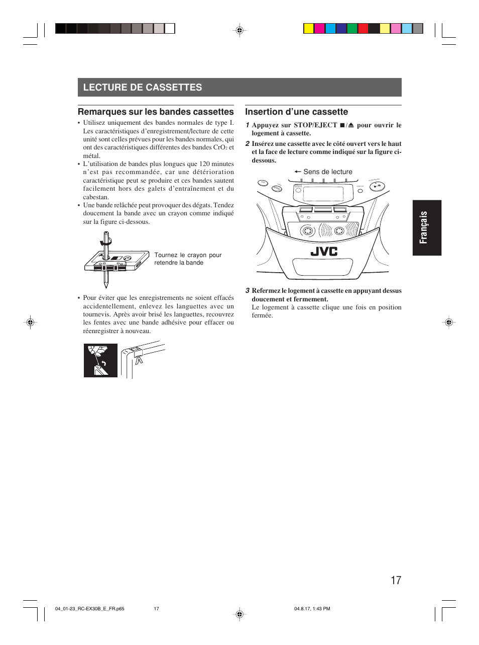 Lecture de cassettes, Français lecture de cassettes, Remarques sur les bandes cassettes | Insertion d’une cassette | JVC RC-EX30B User Manual | Page 68 / 144