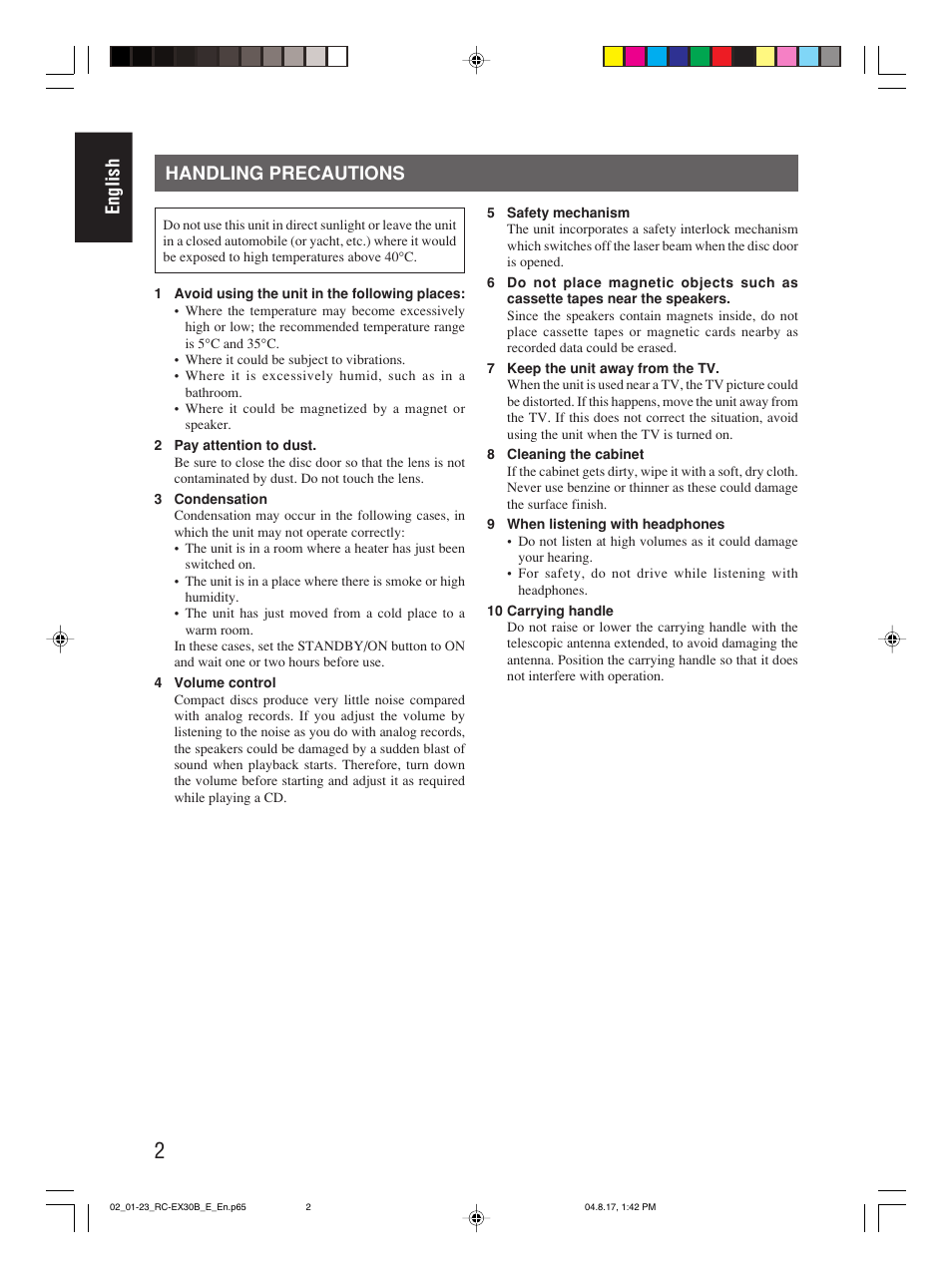 Handling precautions, English | JVC RC-EX30B User Manual | Page 7 / 144