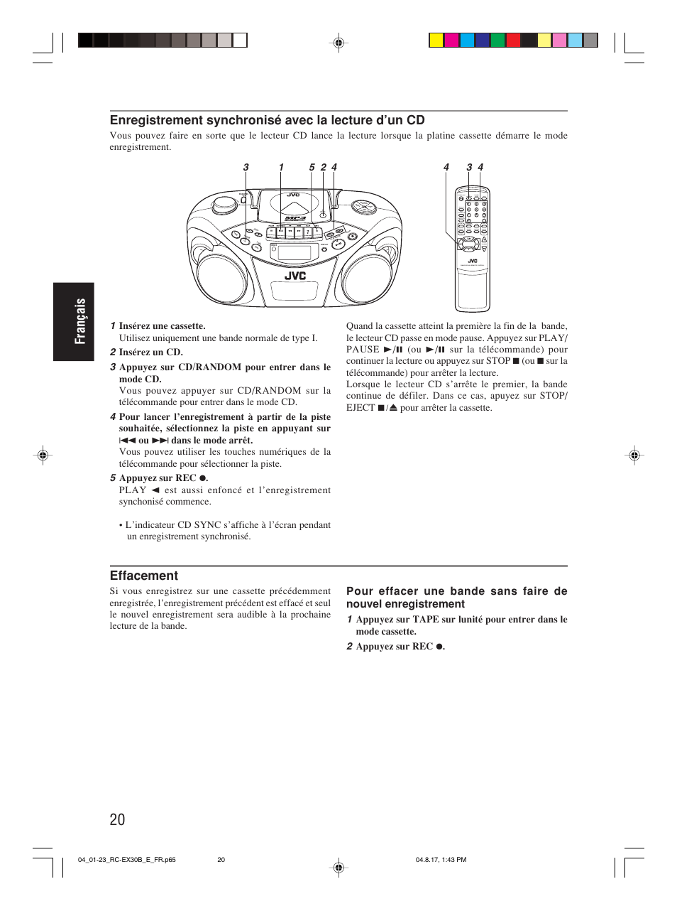 Français, Enregistrement synchronisé avec la lecture d’un cd, Effacement | JVC RC-EX30B User Manual | Page 71 / 144