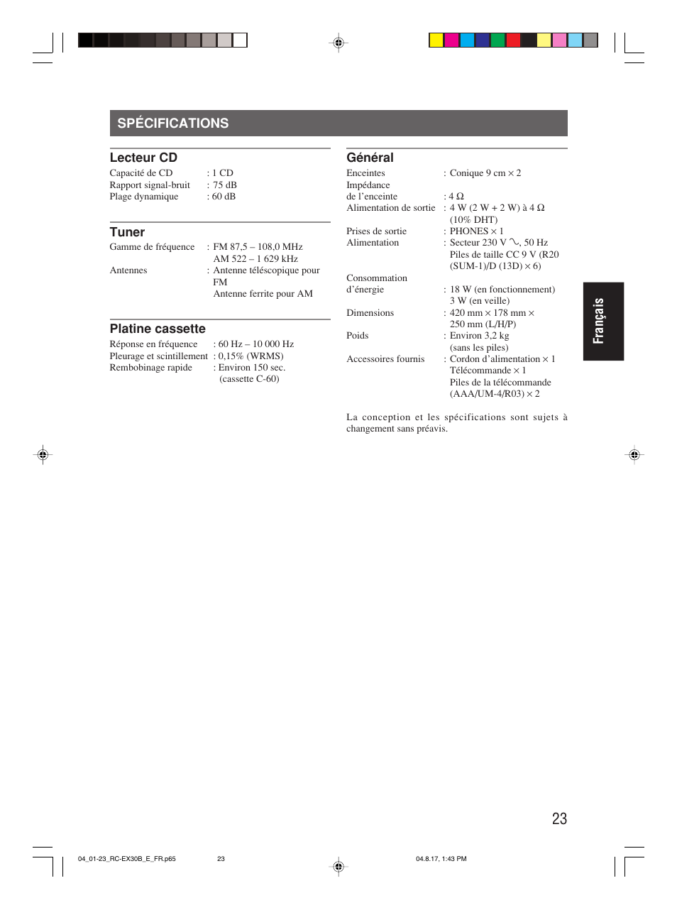 Spécifications, Français spécifications | JVC RC-EX30B User Manual | Page 74 / 144