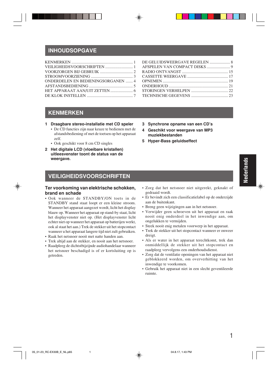 Inhoudsopgave, Kenmerken, Veiligheidsvoorschriften | Nederlands inhoudsopgave | JVC RC-EX30B User Manual | Page 75 / 144