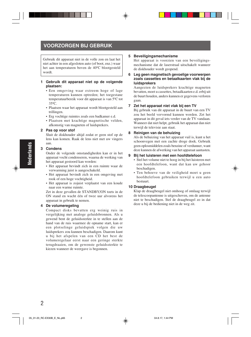 Voorzorgen bij gebruik, Nederlands | JVC RC-EX30B User Manual | Page 76 / 144