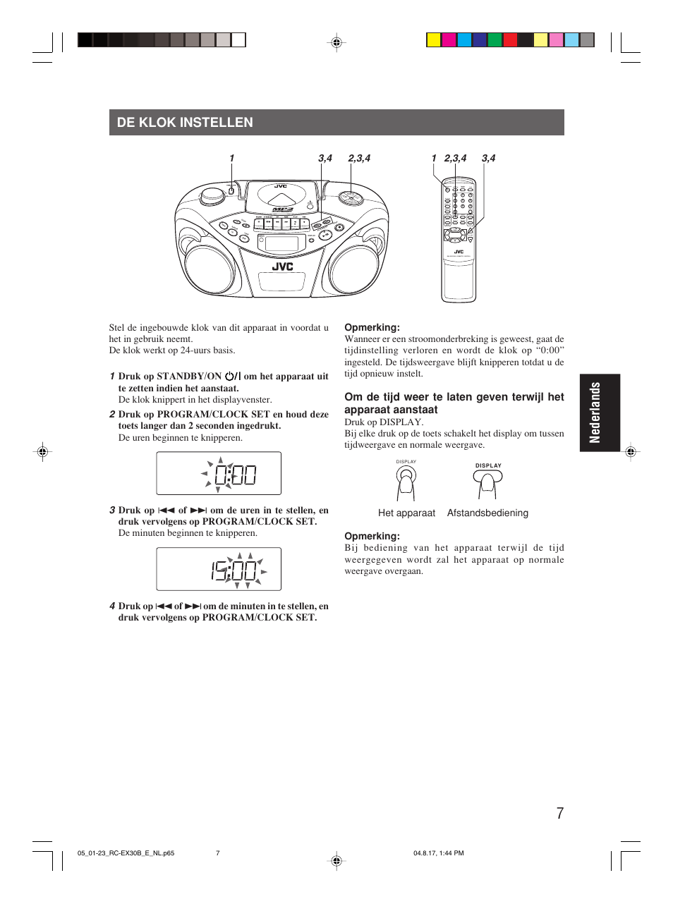 De klok instellen, Nederlands de klok instellen, Program/ clock set hbs/ preset eq | Over cd/ random tuner/ band group | JVC RC-EX30B User Manual | Page 81 / 144