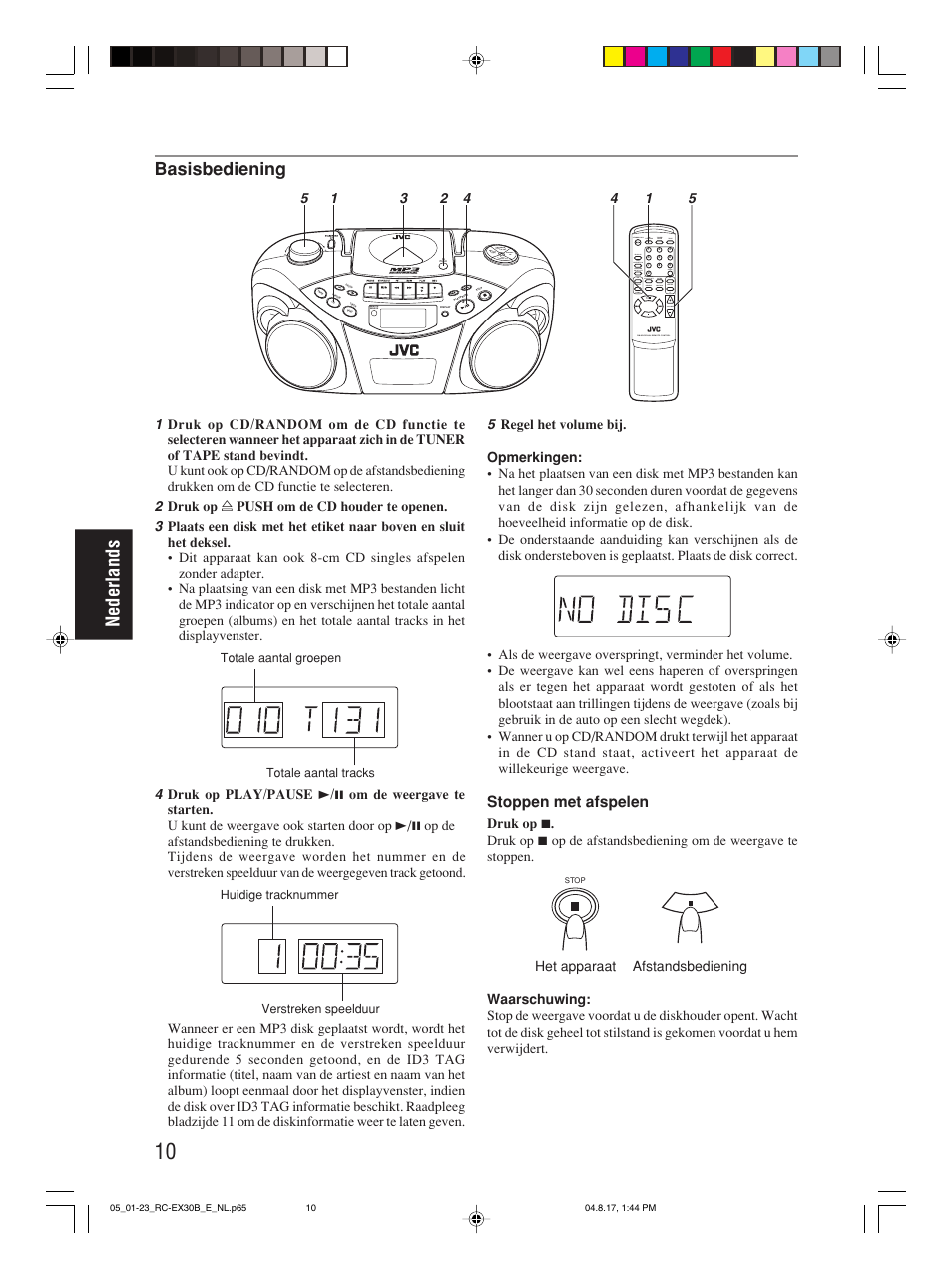 Nederlands, Basisbediening, Stoppen met afspelen | JVC RC-EX30B User Manual | Page 84 / 144