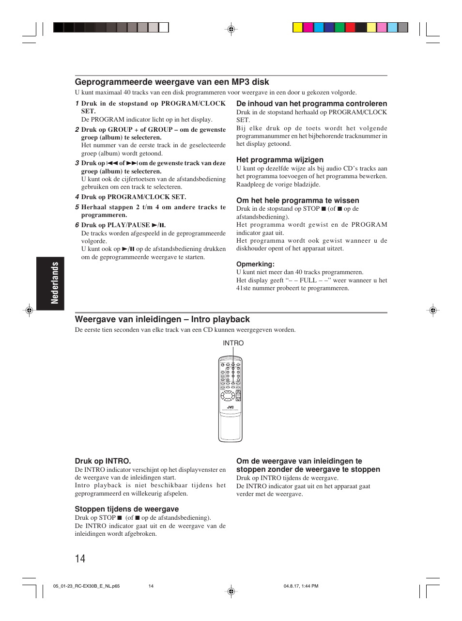 Nederlands, Weergave van inleidingen – intro playback, Geprogrammeerde weergave van een mp3 disk | JVC RC-EX30B User Manual | Page 88 / 144