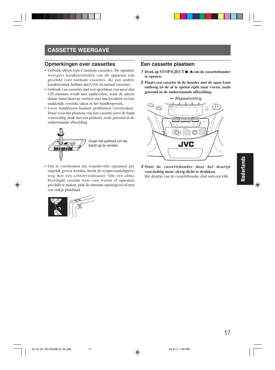 Cassette weergave, Nederlands cassette weergave, Opmerkingen over cassettes | Een cassette plaatsen | JVC RC-EX30B User Manual | Page 91 / 144