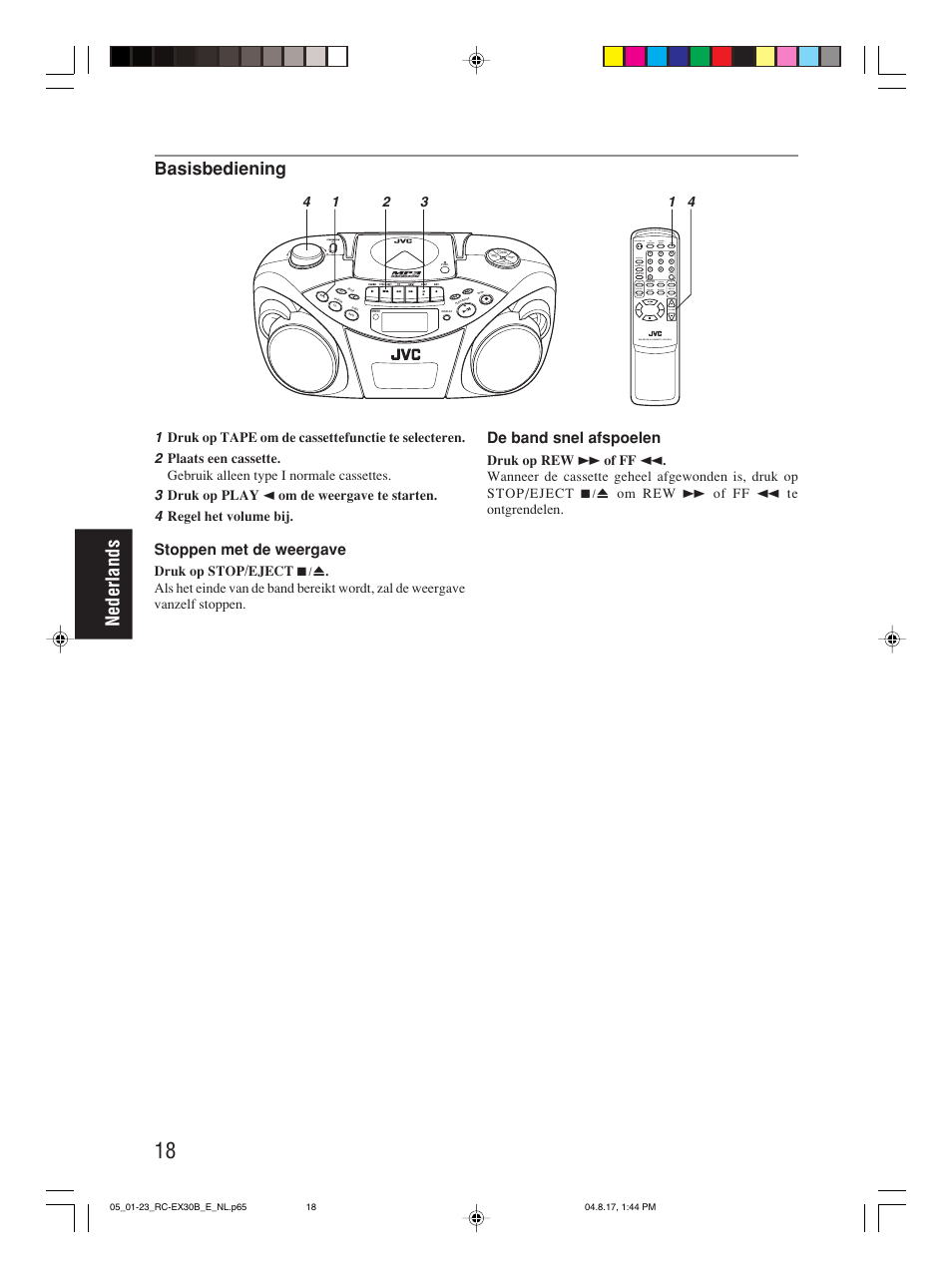 Nederlands, Basisbediening, Stoppen met de weergave | De band snel afspoelen, Program/ clock set hbs/ preset eq, Over cd/ random tuner/ band group | JVC RC-EX30B User Manual | Page 92 / 144