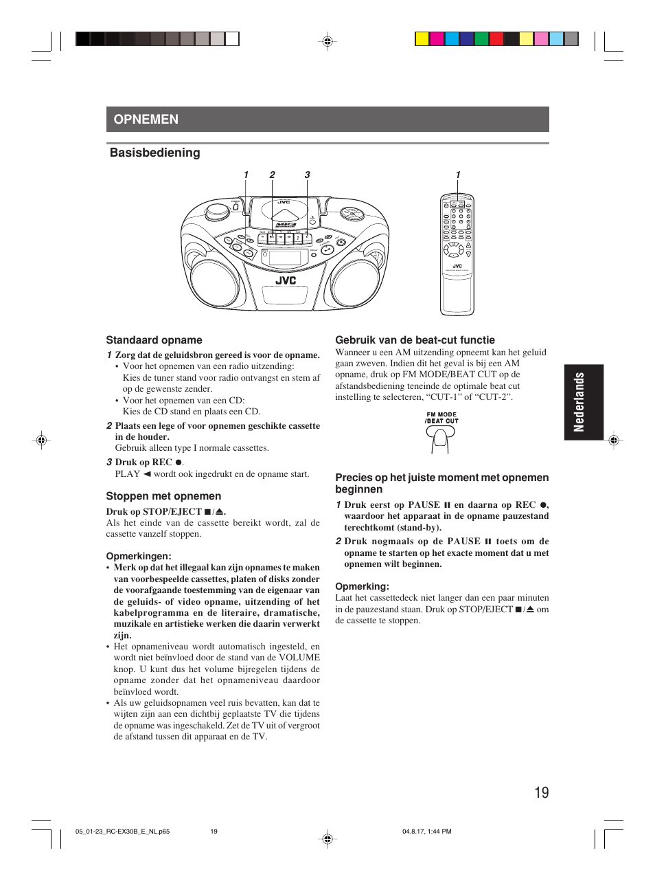 Opnemen, Nederlands opnemen, Basisbediening | Standaard opname, Stoppen met opnemen, Gebruik van de beat-cut functie, Precies op het juiste moment met opnemen beginnen | JVC RC-EX30B User Manual | Page 93 / 144