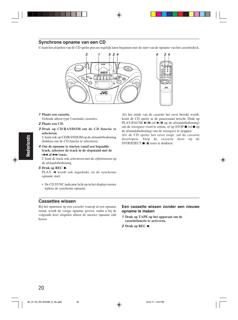 Nederlands, Synchrone opname van een cd, Cassettes wissen | JVC RC-EX30B User Manual | Page 94 / 144