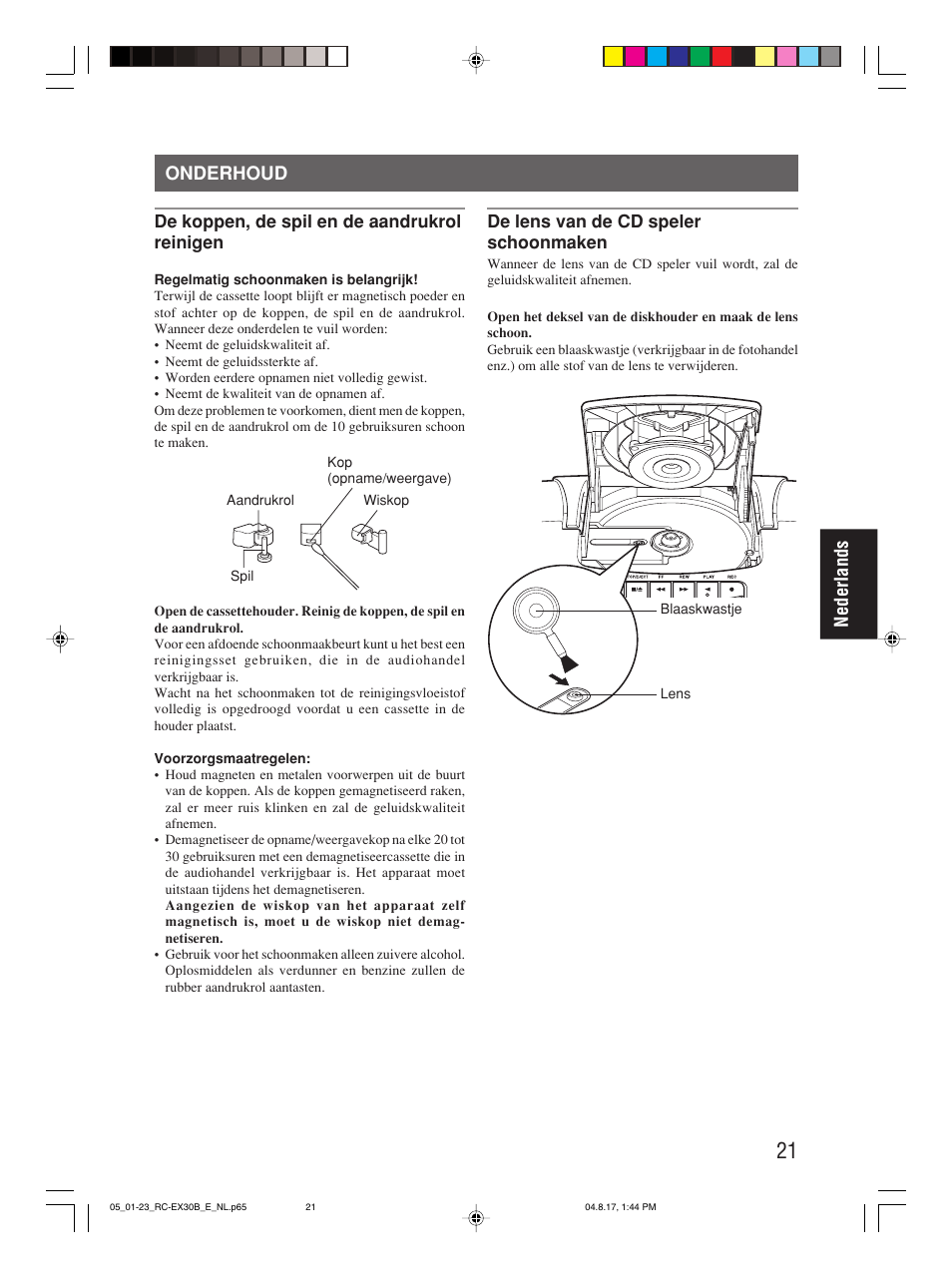 Onderhoud, Nederlands | JVC RC-EX30B User Manual | Page 95 / 144