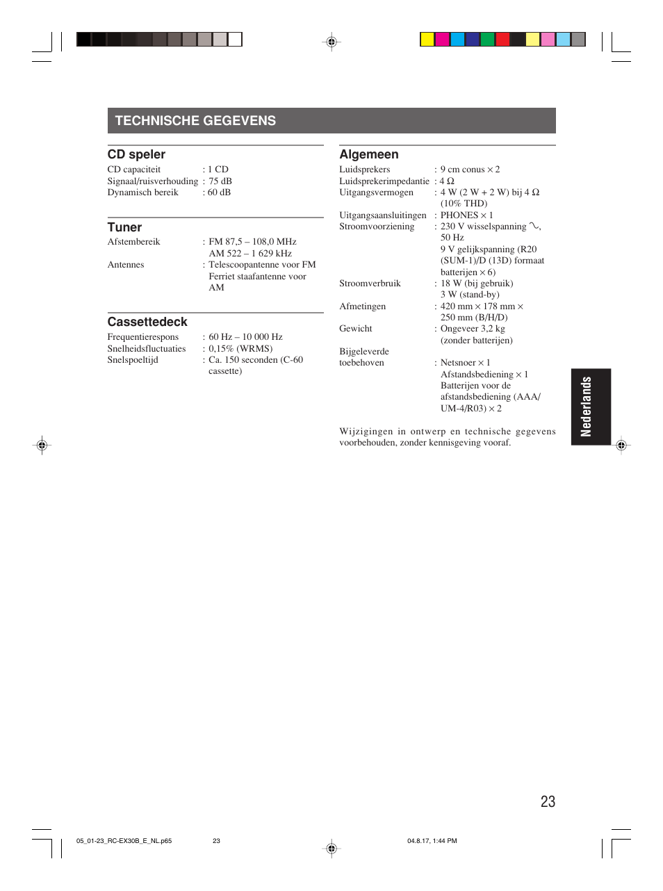 Technische gegevens, Nederlands technische gegevens | JVC RC-EX30B User Manual | Page 97 / 144