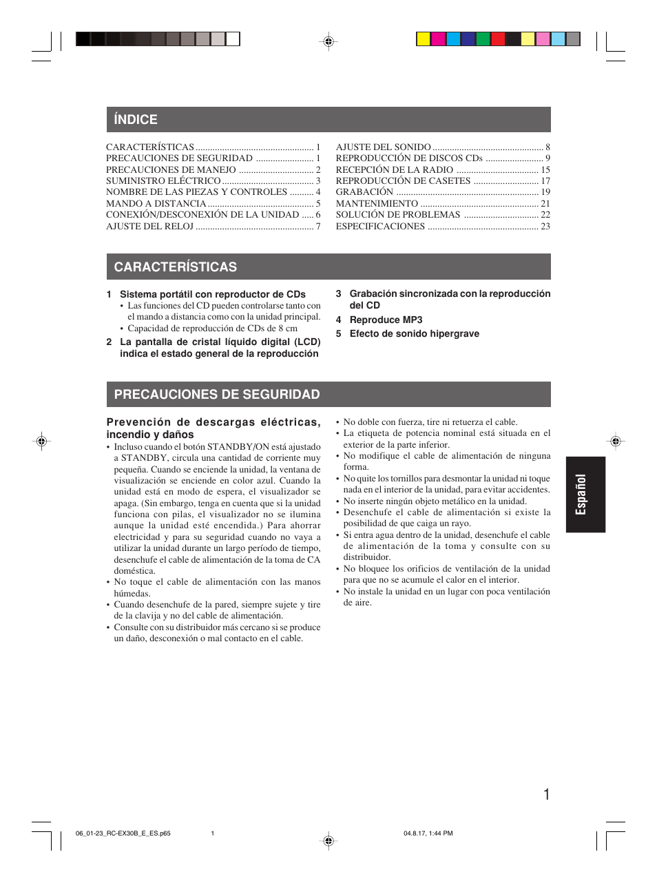 Índice, Características, Precauciones de seguridad | Español índice | JVC RC-EX30B User Manual | Page 98 / 144