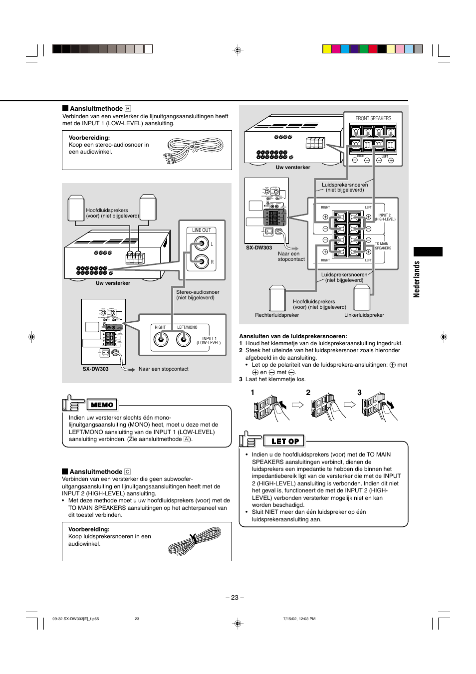 Nederlands, Right, Right left right left left/mono max | Min cancel on on off reverse normal fixed variable, Frequency, Aansluitmethode ı, Aansluitmethode ç | JVC Powered Subwoofer SW-DW303 User Manual | Page 5 / 9