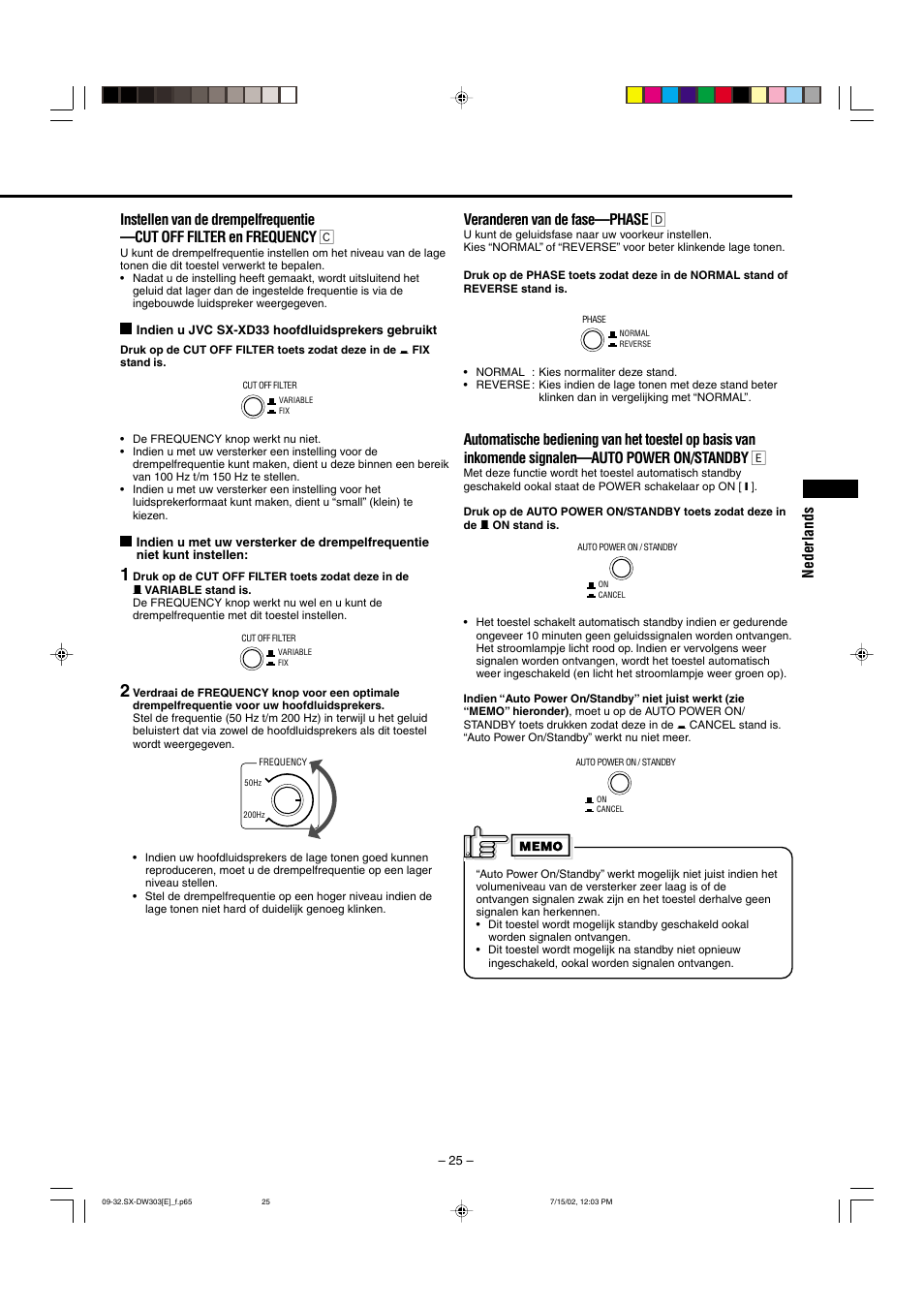 Nederlands, Veranderen van de fase—phase î | JVC Powered Subwoofer SW-DW303 User Manual | Page 7 / 9