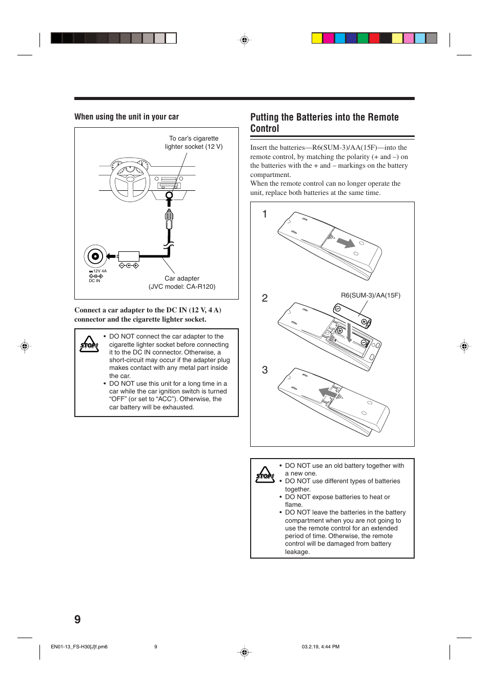 Putting the batteries into the remote control | JVC CA-FSH30 User Manual | Page 12 / 32