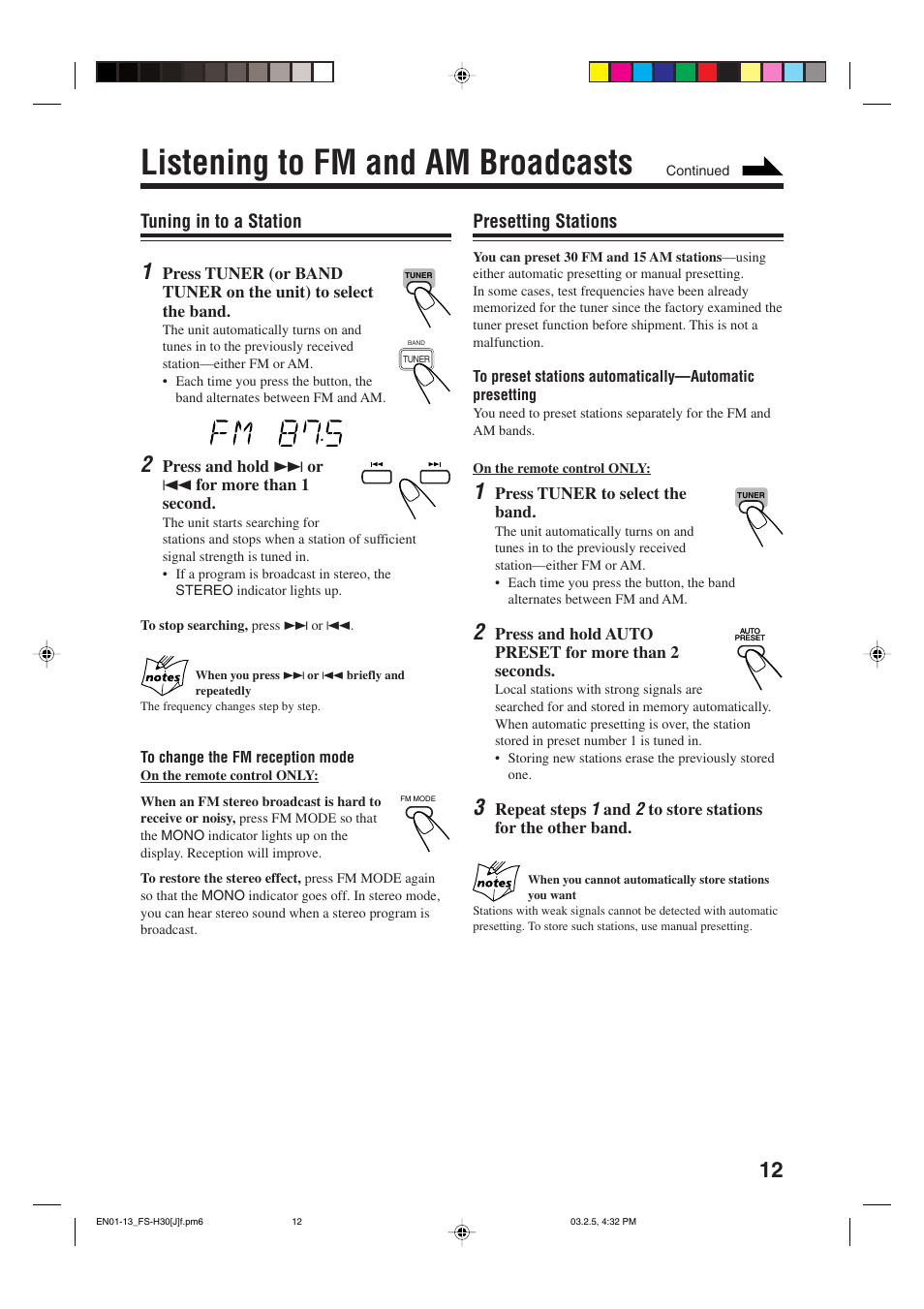 Listening to fm and am broadcasts, Tuning in to a station, Presetting stations | JVC CA-FSH30 User Manual | Page 15 / 32