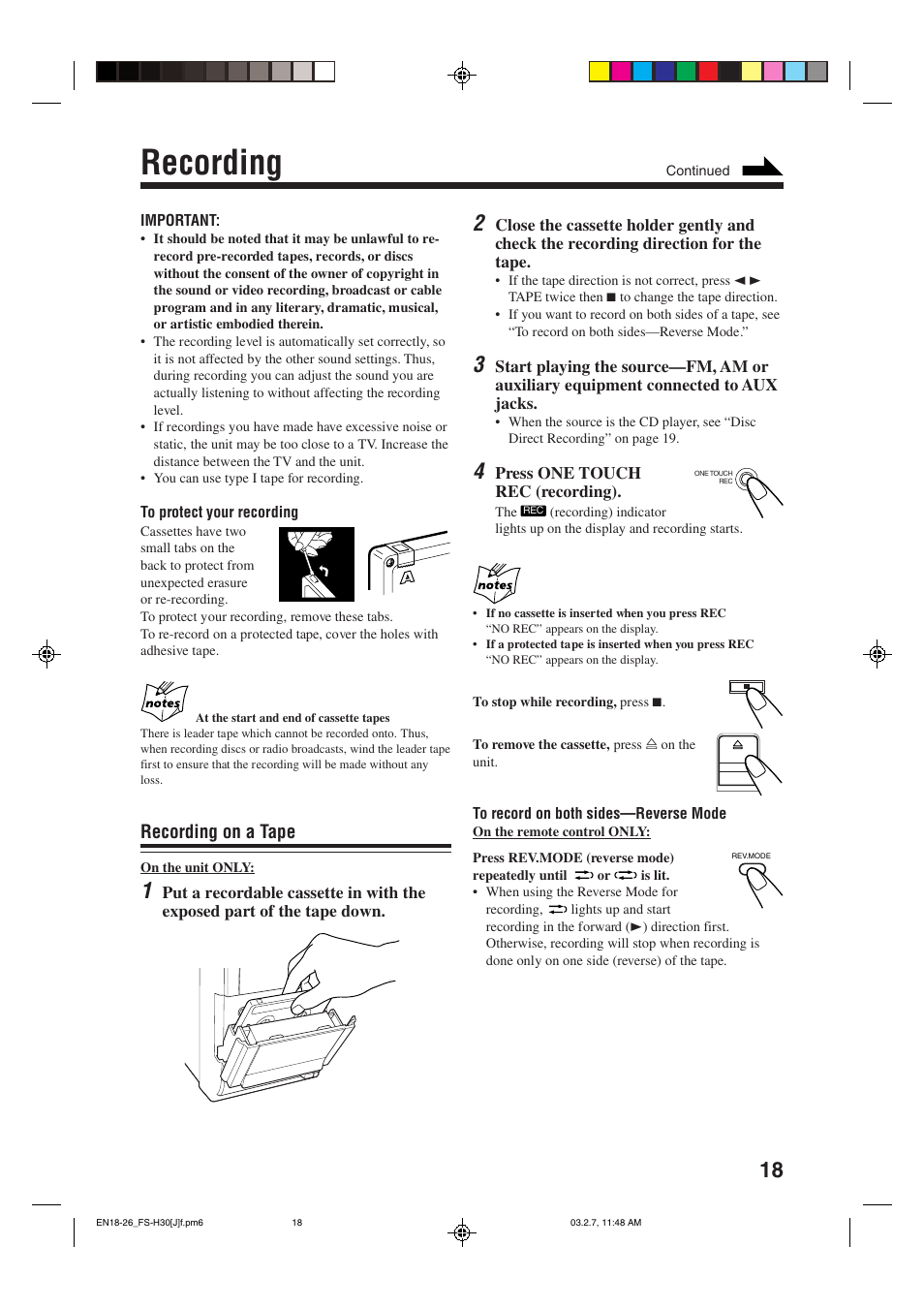 Recording, Recording on a tape | JVC CA-FSH30 User Manual | Page 21 / 32