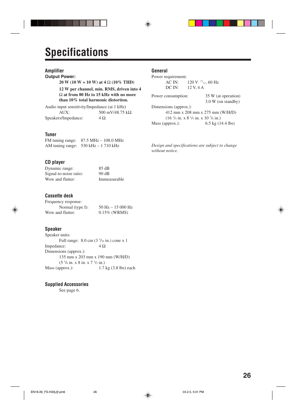 Specifications | JVC CA-FSH30 User Manual | Page 29 / 32