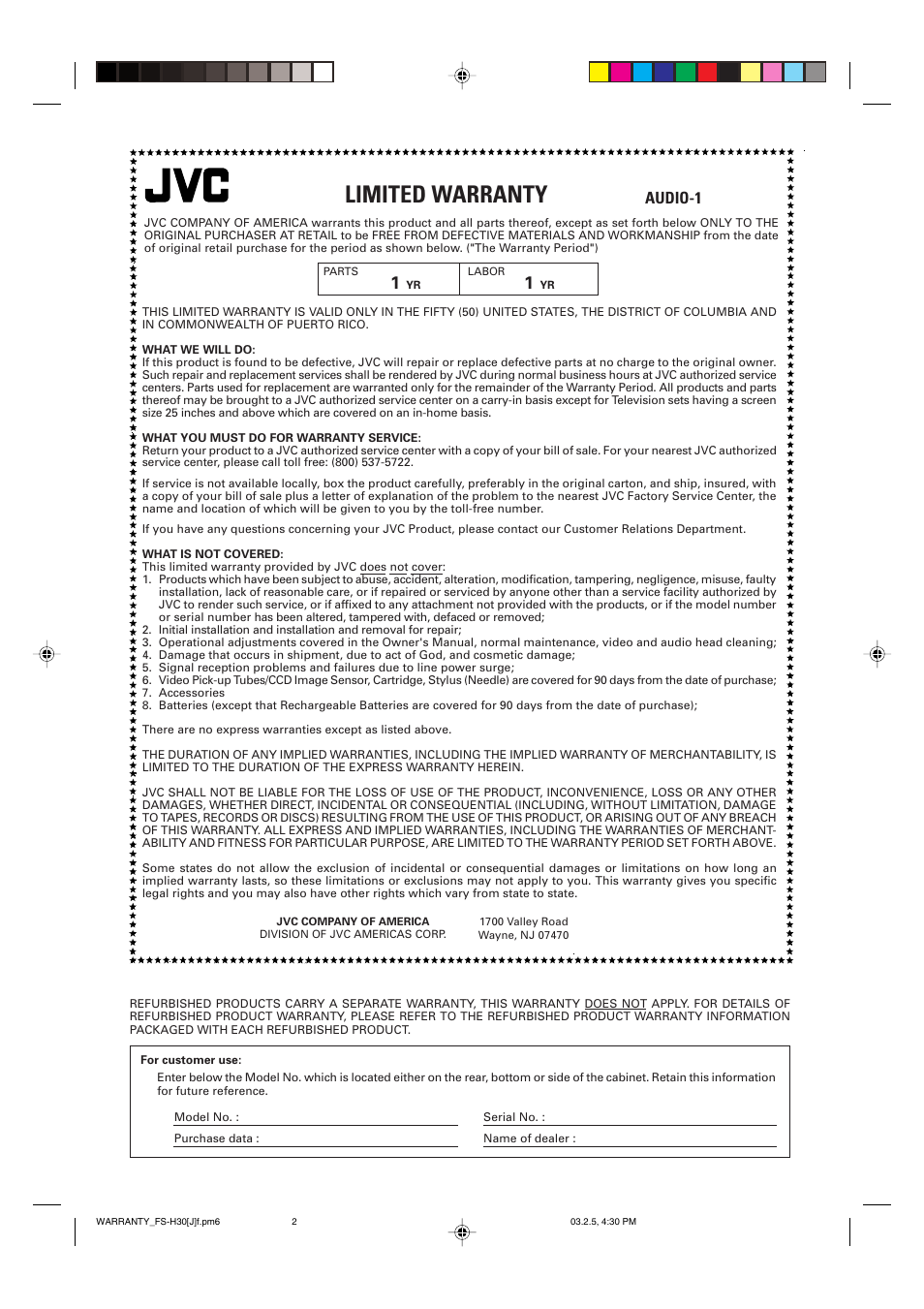 Limited warranty, Audio-1 | JVC CA-FSH30 User Manual | Page 30 / 32