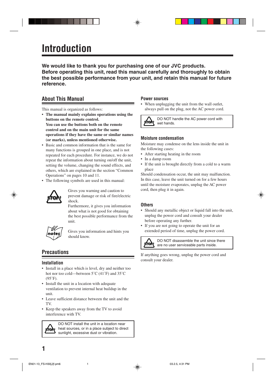 Introduction, About this manual, Precautions | JVC CA-FSH30 User Manual | Page 4 / 32