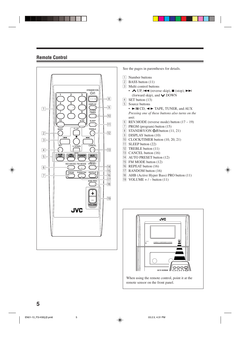 Remote control | JVC CA-FSH30 User Manual | Page 8 / 32