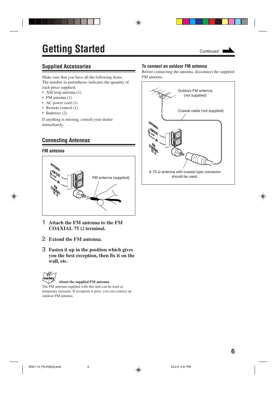 Getting started, Supplied accessories, Connecting antennas | JVC CA-FSH30 User Manual | Page 9 / 32