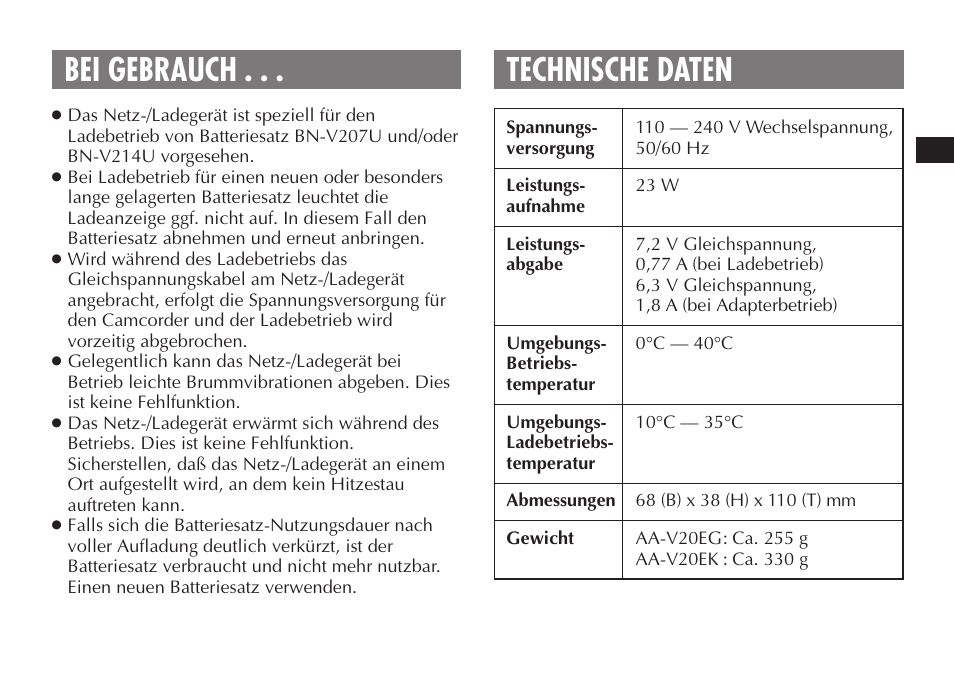Bei gebrauch . . . technische daten | JVC AA-V20EG/EK User Manual | Page 13 / 88