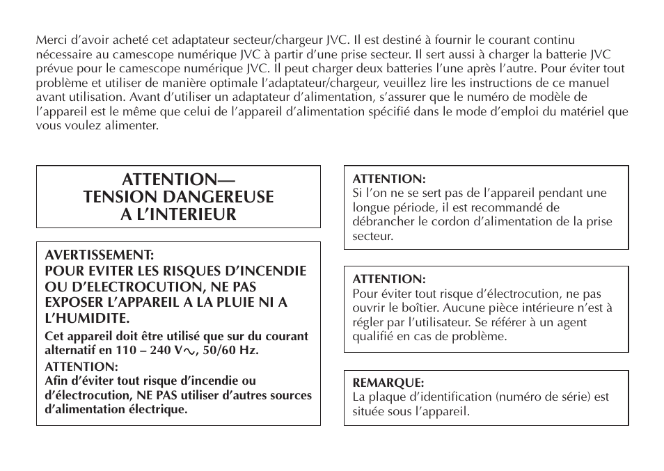 Attention— tension dangereuse a l’interieur | JVC AA-V20EG/EK User Manual | Page 14 / 88