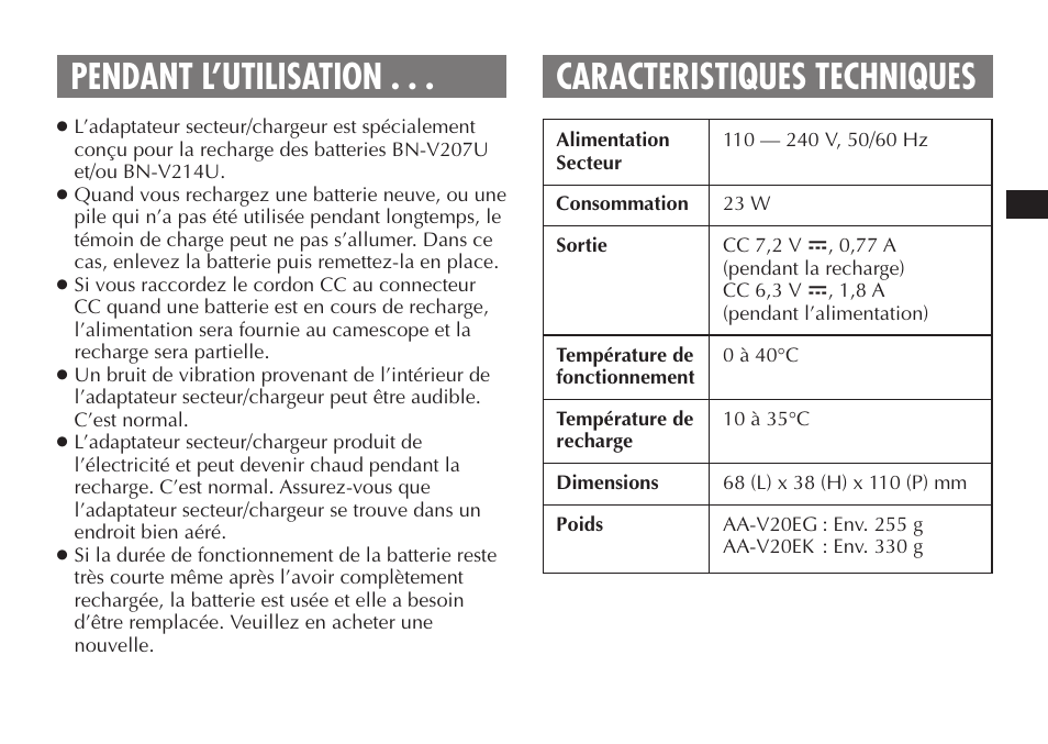 Caracteristiques techniques, Pendant l’utilisation | JVC AA-V20EG/EK User Manual | Page 19 / 88