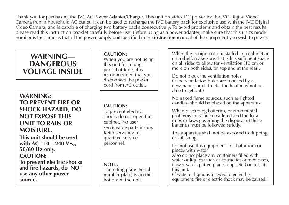 Warning— dangerous voltage inside | JVC AA-V20EG/EK User Manual | Page 2 / 88