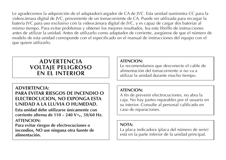 Advertencia voltaje peligroso en el interior | JVC AA-V20EG/EK User Manual | Page 26 / 88