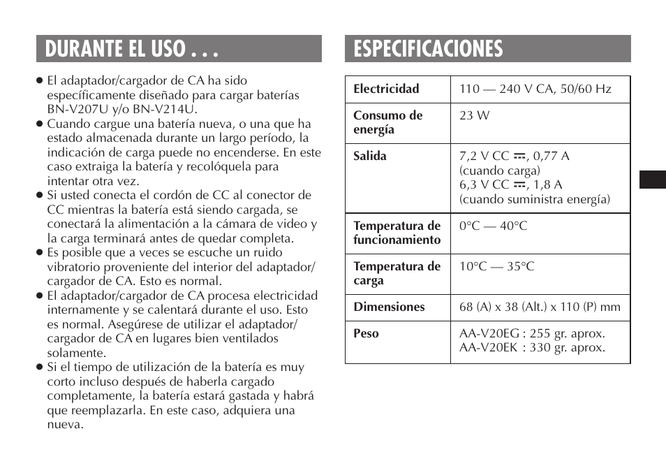Durante el uso . . . especificaciones | JVC AA-V20EG/EK User Manual | Page 31 / 88