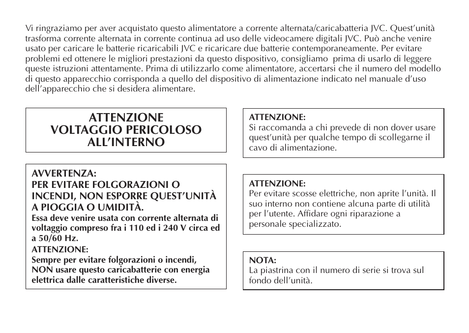 Attenzione voltaggio pericoloso all’interno | JVC AA-V20EG/EK User Manual | Page 32 / 88