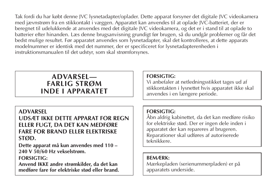 Advarsel— farlig strøm inde i apparatet | JVC AA-V20EG/EK User Manual | Page 38 / 88