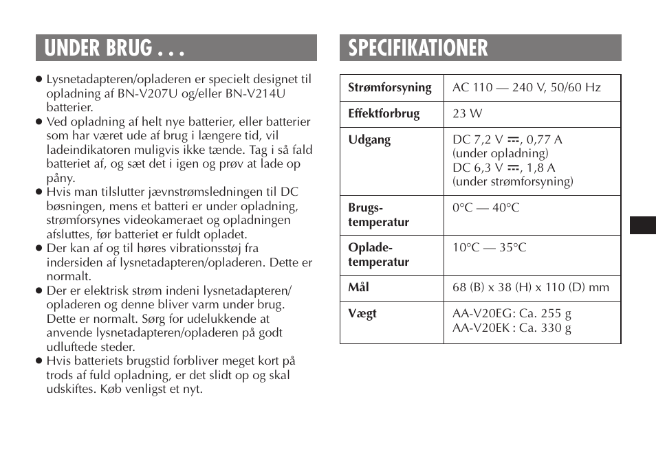 Under brug . . . specifikationer | JVC AA-V20EG/EK User Manual | Page 43 / 88
