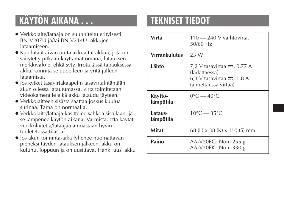 Käytön aikana . . . tekniset tiedot | JVC AA-V20EG/EK User Manual | Page 49 / 88