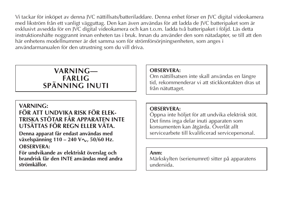 Varning— farlig spänning inuti | JVC AA-V20EG/EK User Manual | Page 50 / 88