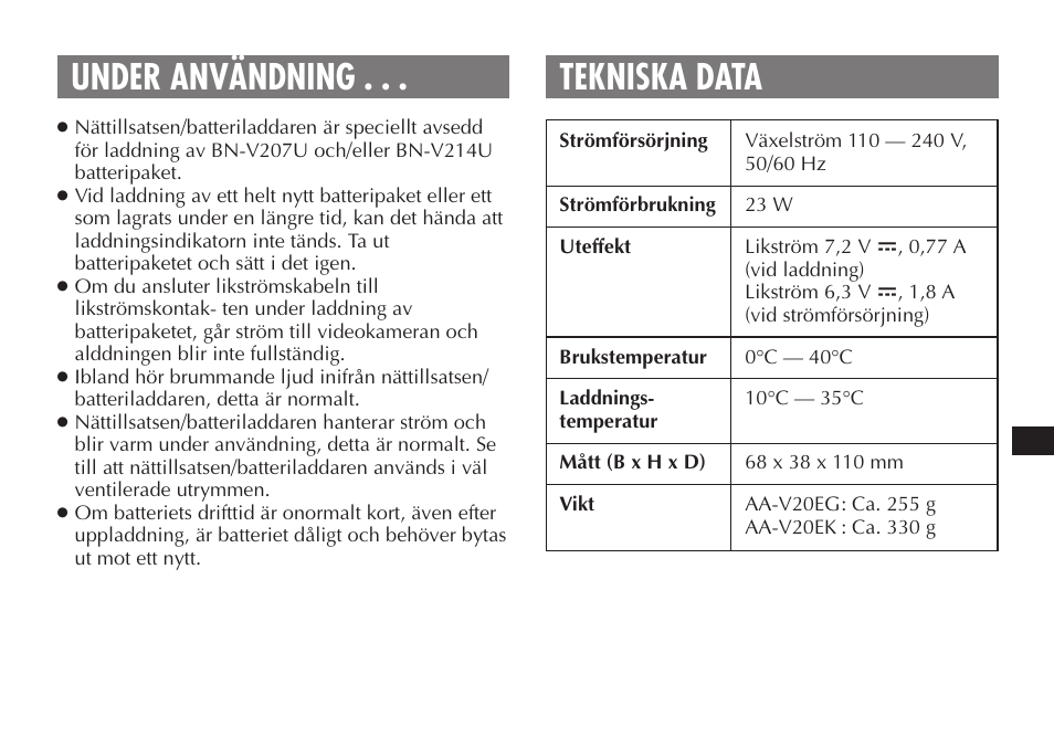 Under användning . . . tekniska data | JVC AA-V20EG/EK User Manual | Page 55 / 88