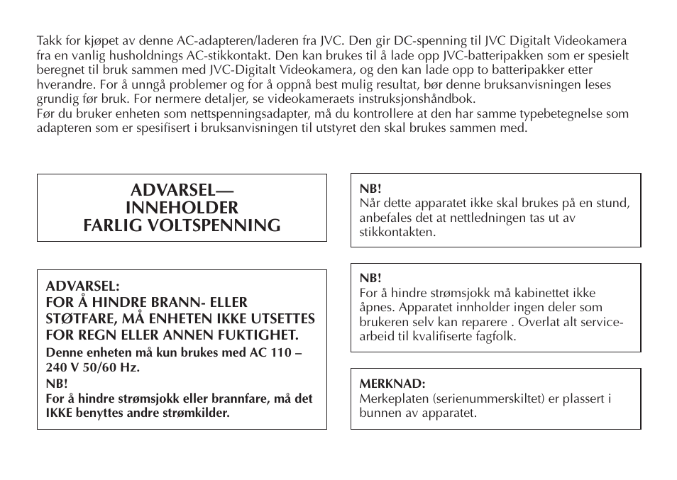 Advarsel— inneholder farlig voltspenning | JVC AA-V20EG/EK User Manual | Page 56 / 88