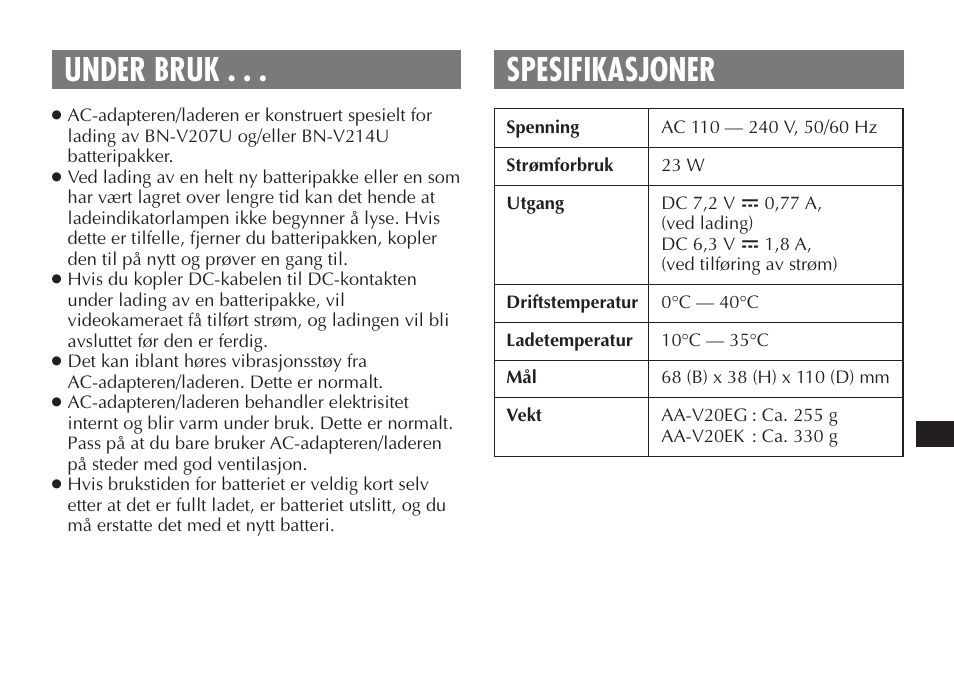 Spesifikasjoner, Under bruk | JVC AA-V20EG/EK User Manual | Page 61 / 88