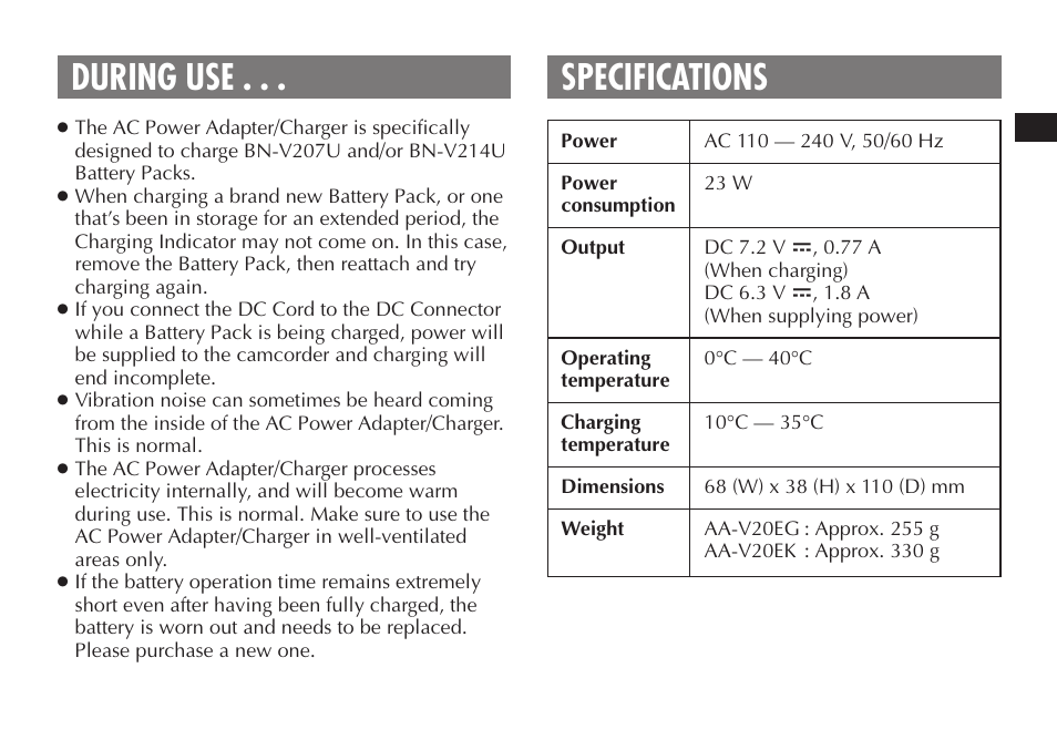 During use . . . specifications | JVC AA-V20EG/EK User Manual | Page 7 / 88