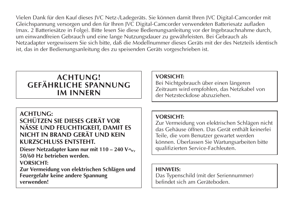 Achtung! gefährliche spannung im innern | JVC AA-V20EG/EK User Manual | Page 8 / 88