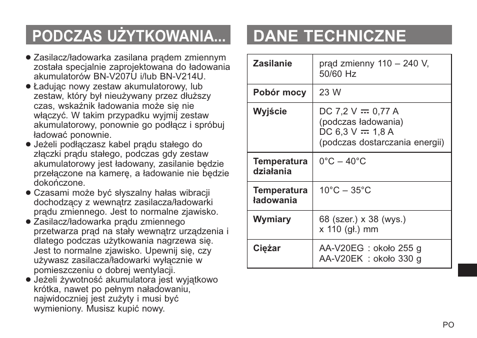 Podczas użytkowania... dane techniczne | JVC AA-V20EG/EK User Manual | Page 81 / 88