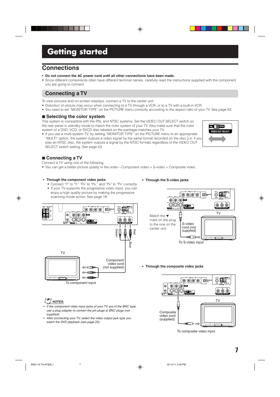 Getting started, Connections, Connecting a tv | 7 selecting the color system, 7 connecting a tv, And “p, S-video cord (not supplied), Red blue green | JVC TH-A75 User Manual | Page 11 / 76