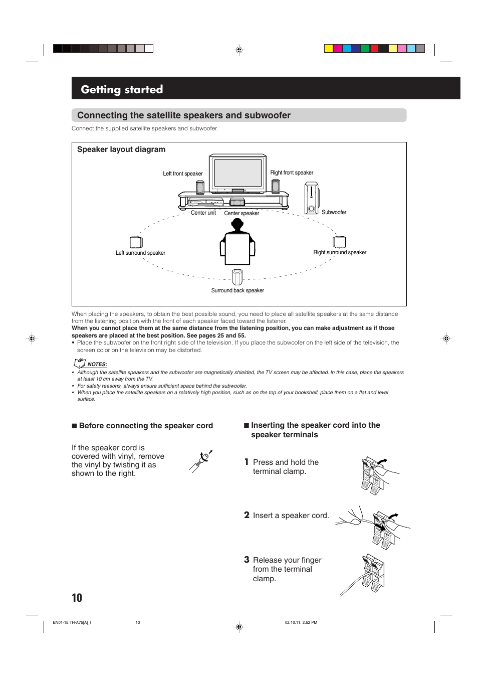 Getting started, Connecting the satellite speakers and subwoofer | JVC TH-A75 User Manual | Page 14 / 76