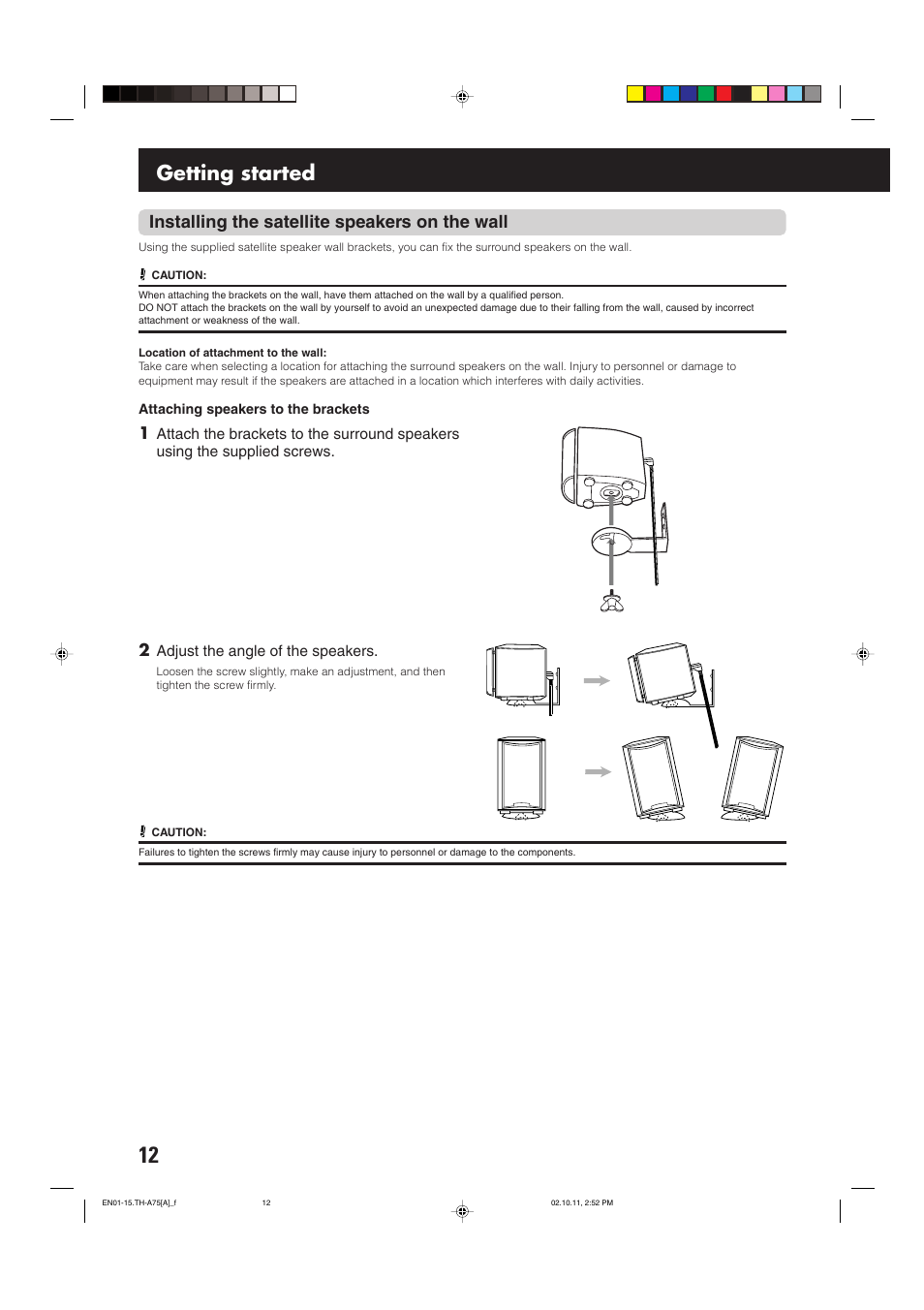 Getting started, Installing the satellite speakers on the wall | JVC TH-A75 User Manual | Page 16 / 76