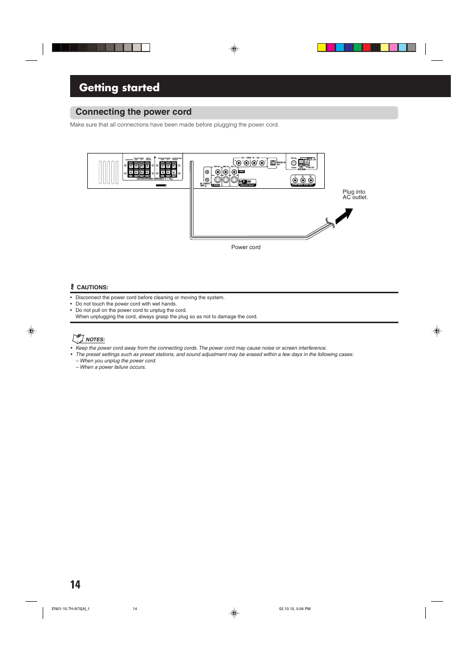 Getting started, Connecting the power cord, Plug into ac outlet. power cord cautions | JVC TH-A75 User Manual | Page 18 / 76