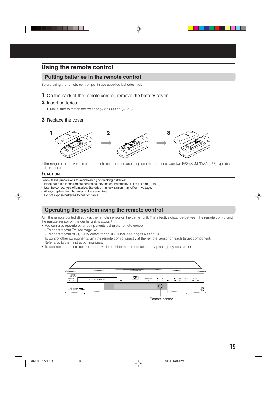 Using the remote control, Putting batteries in the remote control, Operating the system using the remote control | JVC TH-A75 User Manual | Page 19 / 76