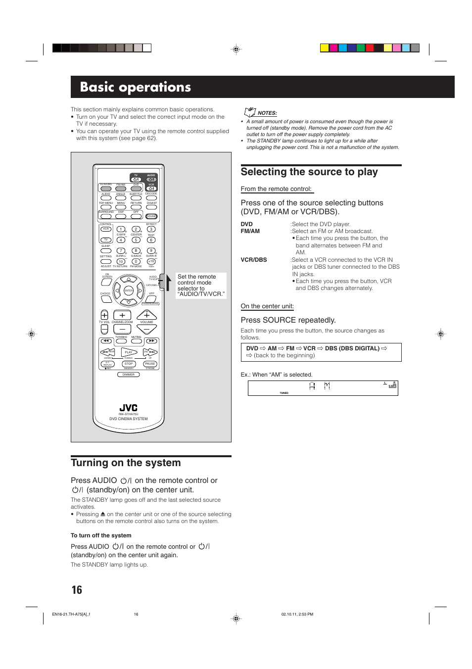 Basic operations, Turning on the system, Selecting the source to play | Press source repeatedly, On the center unit | JVC TH-A75 User Manual | Page 20 / 76